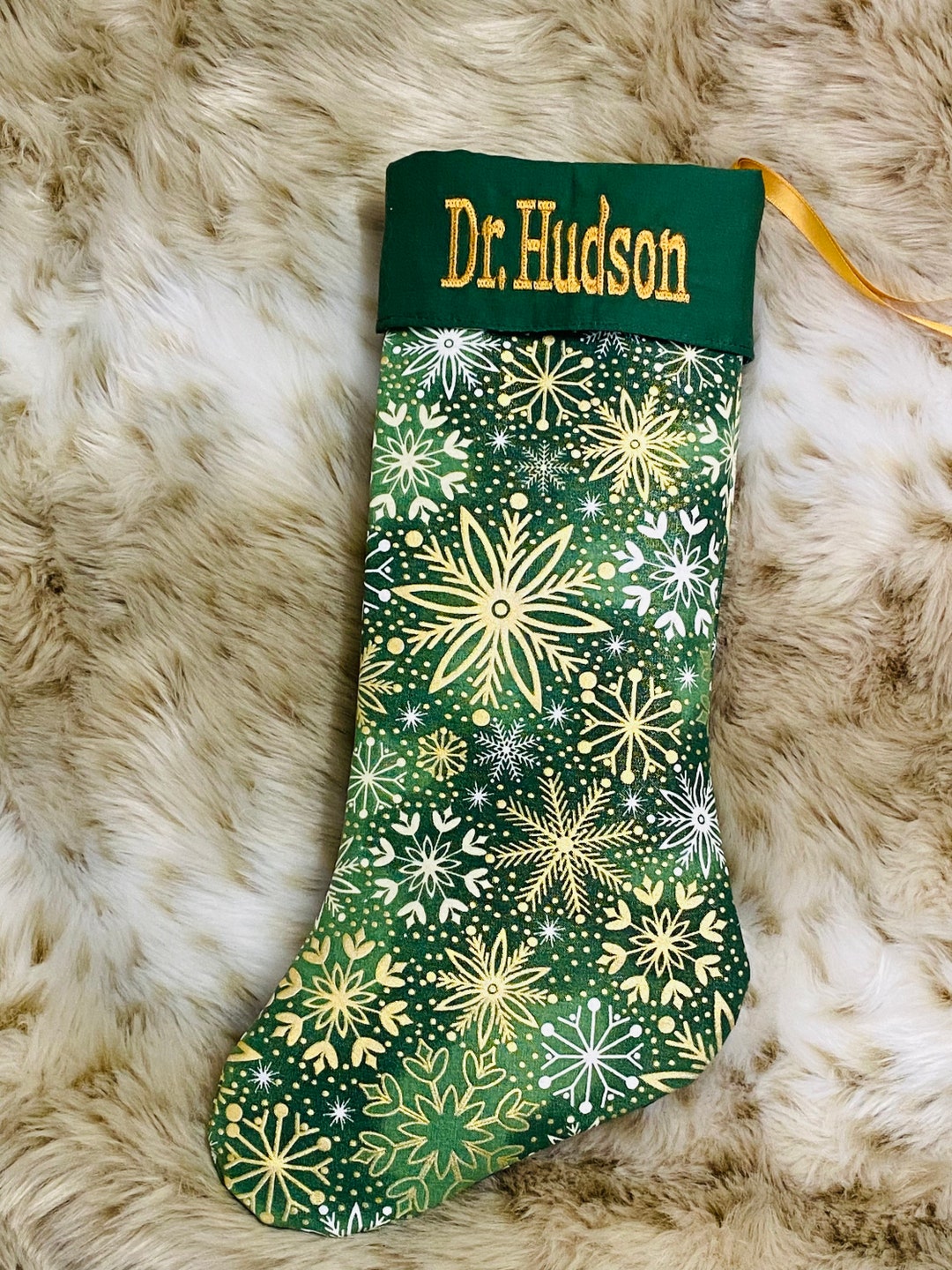 Personalized Christmas Stocking Green and Gold Metallic Christmas