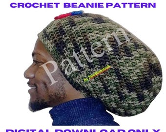 May include: Crochet beanie pattern, digital download only. The beanie is green, black, and white with a red, white, and blue pom pom on top. The pattern is by Needlesnstash.