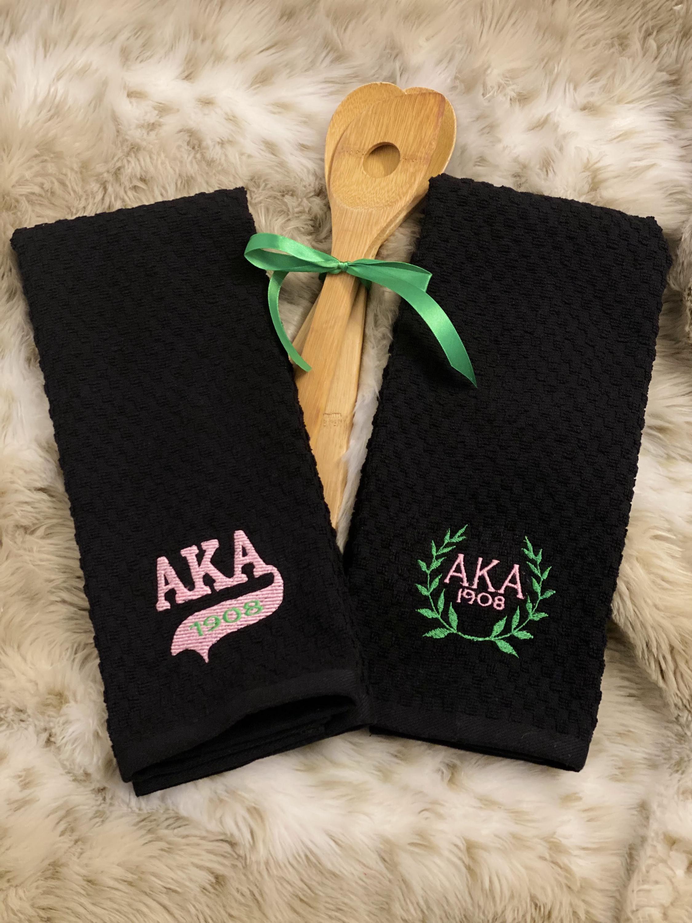 Embroidered Cotton Dish Towel: Sorority Home Decor, Pink & Green