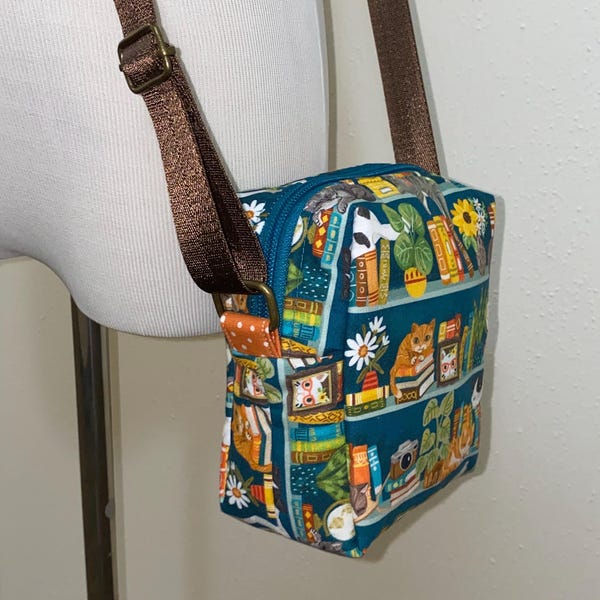 Handmade Crossbody Bag: Cat & Book Fabric, Compact Purse