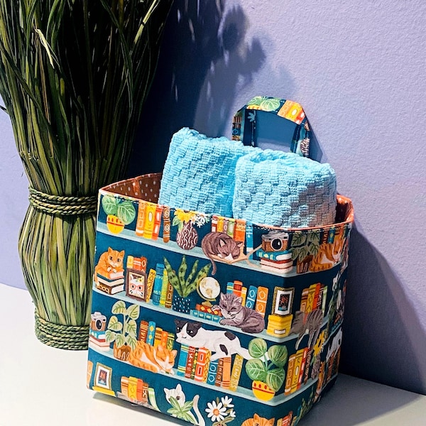 Reversible Fabric Cube Basket: Cat & Book Print, Washable Cotton Storage