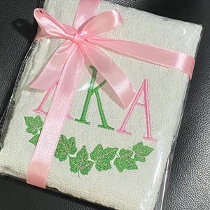 Embroidered Sorority Dish Towel: Pink & Green Ivy Home Decor