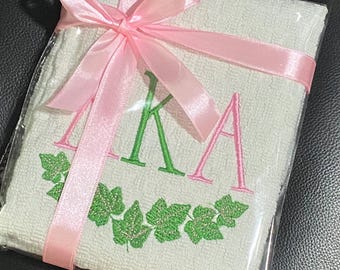 Embroidered Sorority Dish Towel: Pink & Green Ivy Home Decor