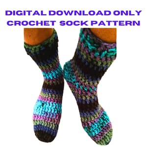 May include: A pair of colorful crochet socks with a striped pattern in shades of blue, green, purple, and black. DIGITAL DOWNLOAD ONLY CROCHET SOCK PATTERN is written in purple text at the top of the image.