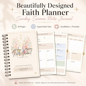 Puede incluir: Un planificador de fe con encuadernación en espiral titulado Sunday Sermon Notes Journal con un diseño de cruz floral en la portada. Incluye 30 páginas, pestañas con hipervínculos y es compatible con GoodNotes. Las páginas interiores tienen secciones para notas de sermones, listas de oración y reflexiones semanales.