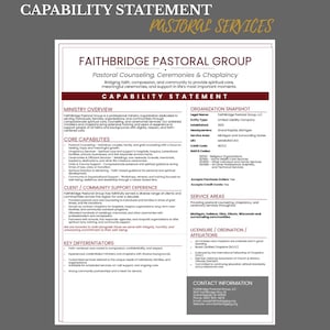 Op de afbeelding: Een wit document getiteld Faithbridge Pastoral Group Capability Statement met secties over ministerieoverzicht, kerncapaciteiten, klantervaring, organisatieoverzicht, servicegebieden en contactinformatie in donkerrode en zwarte tekst.
