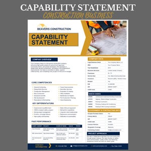 May include: A white and gold construction business capability statement template featuring a header with the text Beavers Construction, sections for company overview, core competencies, key differentiators, past performance, and company data.