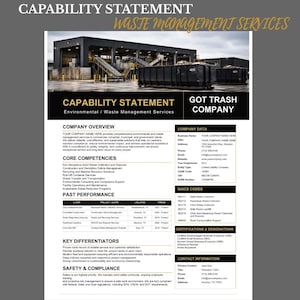 Puede incluir: Un documento de declaración de capacidades para Got Trash Company, que presenta un encabezado con una imagen de una instalación de residuos industriales, descripción general de la empresa, competencias básicas, tabla de rendimiento y datos de contacto.