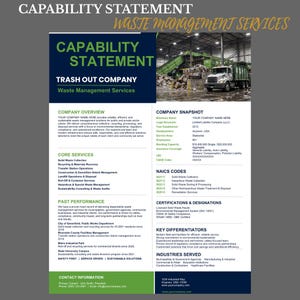Op de afbeelding: Een professioneel capability statement-document voor Trash Out Company, met een foto van een afvalverwerkingsfaciliteit, bedrijfsoverzicht, kerndiensten, prestaties uit het verleden, bedrijfsgegevens, NAICS-codes en contactinformatie.