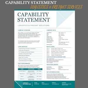 Op de afbeelding: Een wit en talingkleurig capability statement-document voor ABC Logistics, LLC. De tekst bevat bedrijfsoverzicht, gegevens, kerndiensten, prestaties uit het verleden, certificeringen, bediende sectoren en contactgegevens.