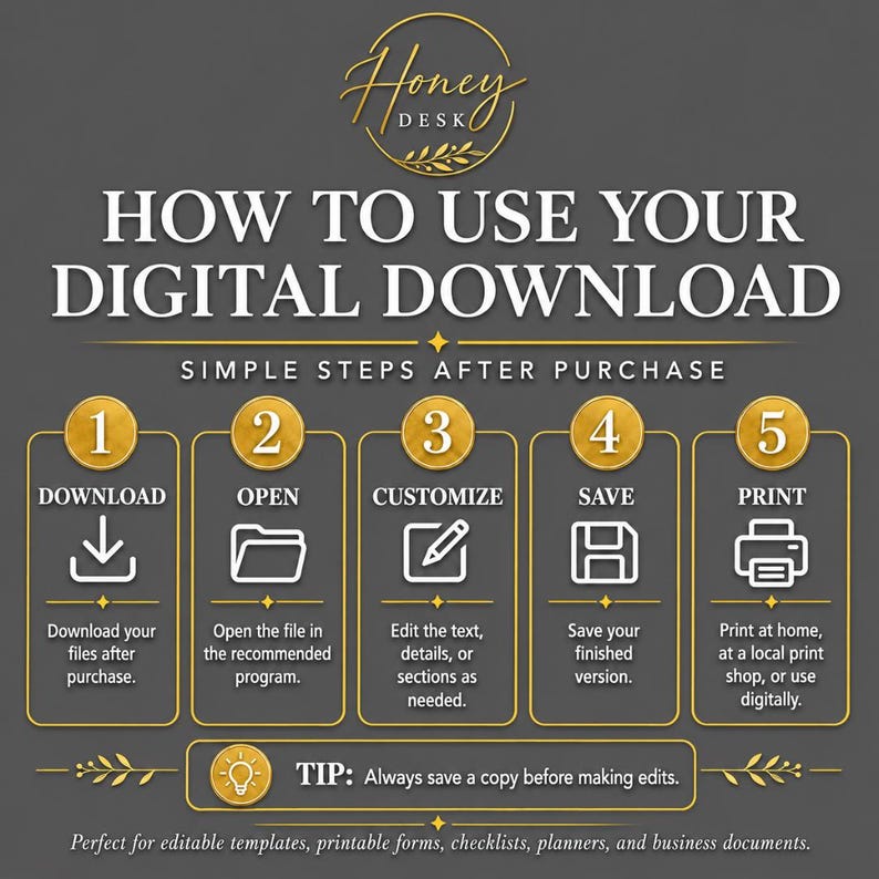 Peut inclure: Un graphique d'instruction gris fonc&eacute; intitul&eacute; HOW TO USE YOUR DIGITAL DOWNLOAD par Honey Desk. Il pr&eacute;sente cinq &eacute;tapes : 1. Download, 2. Open, 3. Customize, 4. Save et 5. Print, chacune avec une ic&ocirc;ne dor&eacute;e. Un conseil en bas sugg&egrave;re de sauvegarder.