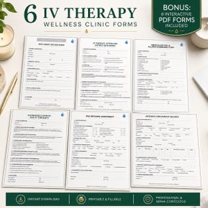 May include: A set of six white IV therapy wellness clinic forms with black text, including a new client intake form, aftercare instruction sheet, medical history and allergy screening form, informed consent, pre-infusion assessment, and treatment record.