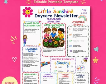 Modèle de bulletin d'information modifiable pour garderie | Communication mensuelle aux parents (Canva)