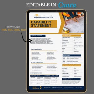 Peut inclure: Un mod&egrave;le num&eacute;rique de d&eacute;claration de capacit&eacute;s pour une entreprise de construction affich&eacute; sur un &eacute;cran de tablette. Le document pr&eacute;sente des sections pour la pr&eacute;sentation de l'entreprise, les comp&eacute;tences cl&eacute;s, les diff&eacute;renciateurs et les projets en bleu marine et or.
