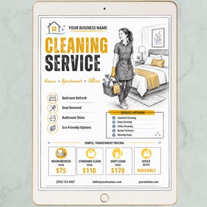 May include: A digital flyer for a cleaning service displayed on a tablet. The flyer features a sketch of a person holding a cleaning caddy, a list of services like bedroom refresh and dust removal, service options, and pricing starting from $75.
