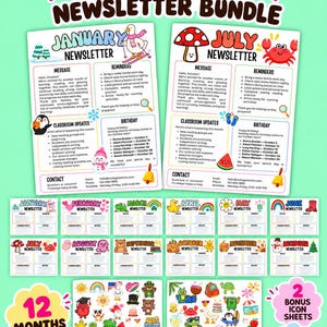 Könnte beinhalten: Ein digitales monatliches Newsletter-Paket mit 12 druckbaren Vorlagen für jeden Monat des Jahres, verziert mit farbenfrohen saisonalen Grafiken und Symbolen. Das Set enthält zwei Bonus-Symbolbögen mit insgesamt 78 Illustrationen.