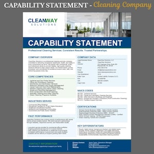 May include: A CleanWay Solutions capability statement document featuring a blue and white layout. It includes company overview, core competencies, industries served, past performance, company data, NAICS codes, certifications, and key differentiators.
