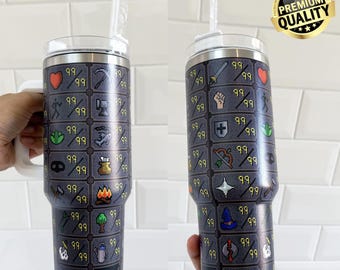 RuneScape Cup MAX STATS 40 oz gobelet, tasse de voyage à collectionner RuneScape old school de haute qualité, cadeau de jeu, OSRS