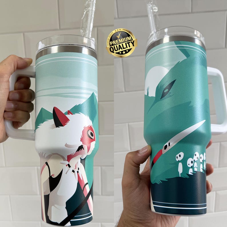 Anime Cup, Princess Mononoke High Quality 40 oz Tumbler, Studio Ghibli Decor, Anime Gift, Hot & Cold Drinks Coffee Cup, Ghibli Water Bottle image 1