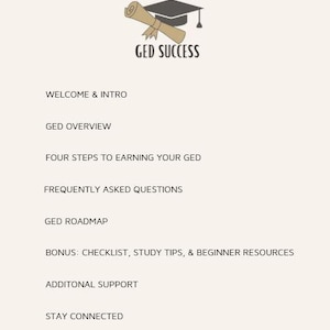 May include: A page titled "Contents" with a purple border. Below the title is a graphic of a graduation cap and scroll with the text "GED SUCCESS." The page lists topics including "Welcome & Intro" and "GED Roadmap."