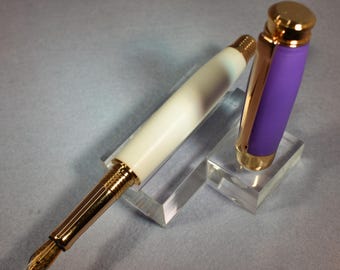 Leveche Fountain Pen – Hand‑Turned Lavender & White Acrylic • Lifetime Gold Accents • German Medium Nib