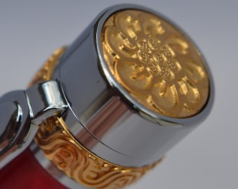 Handcrafted Lotus Fountain Pen: Red and Black, 22K Gold Trim, JoWo #6 Medium Nib
