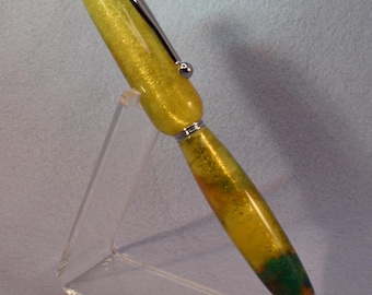 Unusual Green and Yellow Slim Pen Topped with a Crystal!