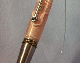 Hand‑Turned Twist Pen in Peach Water Acrylic with Antique Brass & Pewter Accents