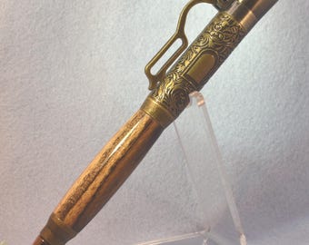 Lever‑Action Ballpoint Pen • Cocobolo Wood • Antique Brass Hardware • Rose‑Gold Tip • Deer Engraving