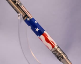 Antique Pewter Bolt Action Pen in American Flag Colors Honoring the Statue of Liberty