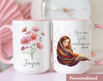 Personalized Floral Initial Mug, Christian Bible Verse Coffee Cup, Religious Gift