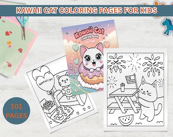 Kawaii Cat Coloring Pages for Kids - Kids Cat Coloring- Fun Coloring Sheets - Cute Cat Coloring - Printable Cat Coloring - Instant Download