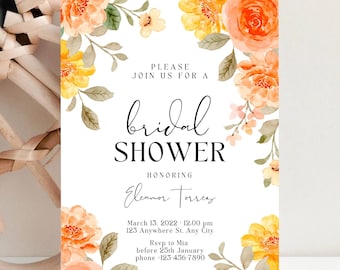 Invitación para despedida de soltera con diseño floral bohemio naranja