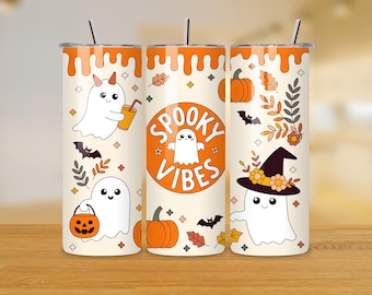 Spooky Vibes Tumbler Wrap - 20-uncjowa folia sublimacyjna do kubków - Halloween Tumbler PNG - Wzór kubka Ghost Tumbler - Natychmiastowe pobranie