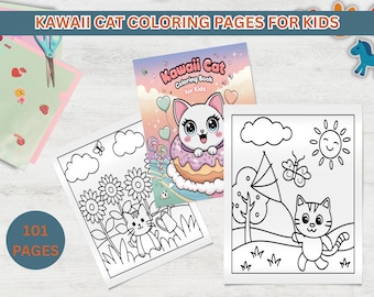 Kawaii Cat Coloring Pages for Kids - Cute Cat Coloring Pages - Activity Sheets for Kids - Printable Cat Coloring - Instant Download
