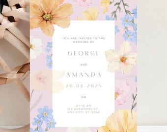 Invitación de boda con ilustración floral en acuarela