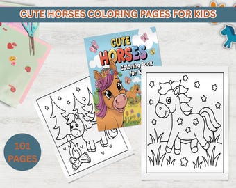 Cute Horses Coloring Pages for Kids - Kids Horse Coloring - Activity Sheets for Kids - Horse Coloring Printable - Instant Download