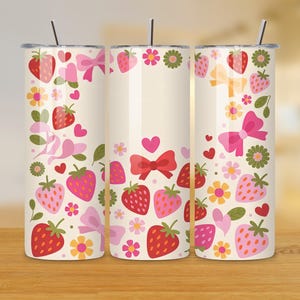 Strawberry Tumbler Wrap - 20oz Sublimation Tumbler Wrap - Bow Tumbler PNG - Cute Tumbler PNG - Aesthetic Tumbler Design - Instant Download