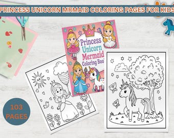 Unicorn Mermaid Princess Coloring Pages for Kids - Fantasy Coloring Pages - Fun Coloring Sheets - Cute Coloring Pintables - Instant Download