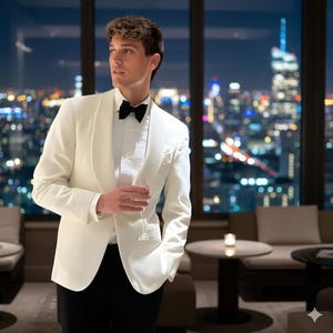 Op de afbeelding: Een crèmekleurige smokingjas met een sjaalkraag, gecombineerd met een zwarte vlinderdas en een zwarte broek. De persoon houdt een wijnglas vast. De achtergrond toont een nachtelijke skyline.