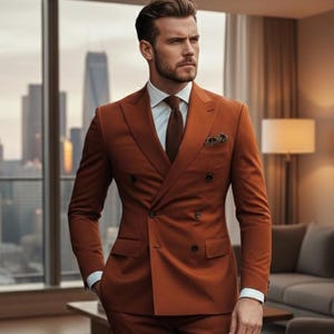 May include: A double-breasted rust-colored suit with a white dress shirt and a brown tie. The suit features a notched lapel and a pocket square. The person is wearing brown leather dress shoes. The background shows a modern interior with a city view.