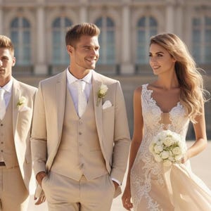 May include: Three people in formal attire. Two men wear tan suits with vests and white ties. A woman wears a white lace wedding dress with a high slit and holds a bouquet of white flowers. The group is walking outdoors.
