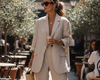 Leinenanzug-Set - Beiges Sakko & Hose mit weitem Bein Maßanfertigung The Libas Art