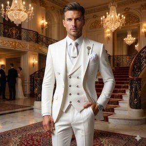 May include: A formal white three-piece suit with a double-breasted vest, tie, and pocket square. The suit features a lapel pin and a silver watch. The background shows a grand hall with chandeliers and a red carpet.