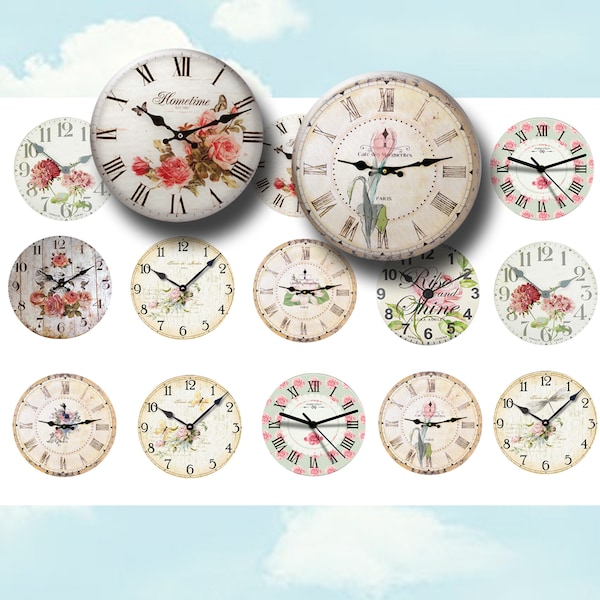 Clock Faces And Flowers 1 Inch Bottle Cap Images - Clocks Bottlecap 1 Inch Circles For Magnets, Key Chains, Stickers, Pendants, Junk Journal