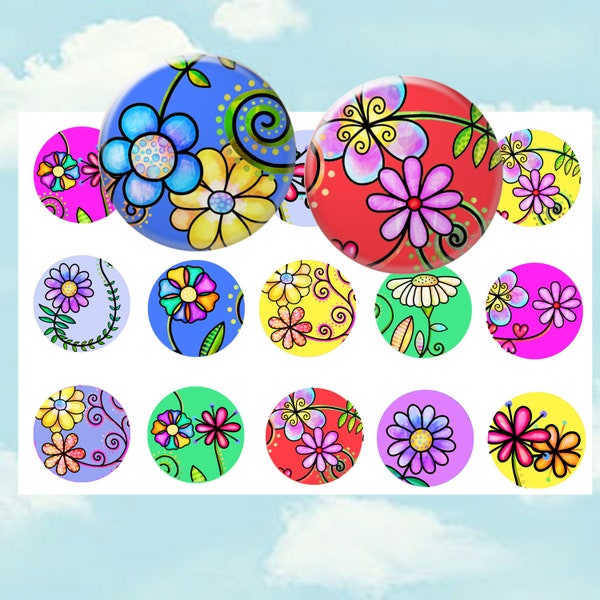 Colorful Funky Doodle Flowers Printable 1 Inch Circle Bottle Cap Images For Badge Reels, Magnets, Hair Bows, Stickers, Pendants
