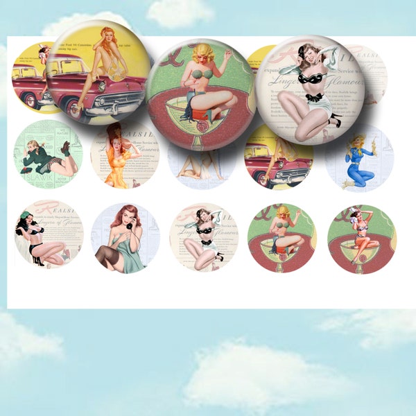 Vintage Glamour Pin Up Girls  Printable 1 Inch Circles - 25mm Bottle Cap Images For Magnets, Key Chains, Stickers, Bezel Pendants