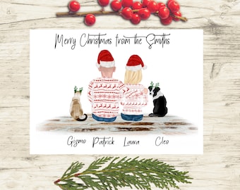 CUSTOM Printable Couple And Pets Christmas Card  - Personalized Christmas Illustration Card - Christmas Keepsake Card
