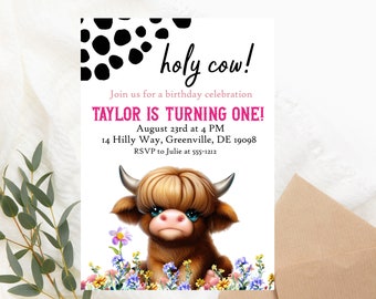 Cute Highland Cow PRINTABLE Birthday Invitation - Holy Cow Birthday Invitation - EDITABLE TEXT