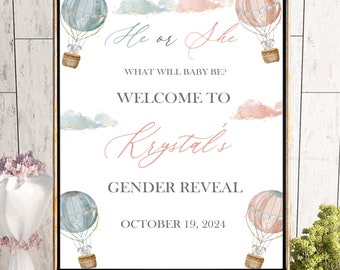 Hot Air Balloons Gender Reveal Welcome Sign - PRINTABLE - Elephants Gender Reveal Party - PERSONALIZED Gender Reveal Sign
